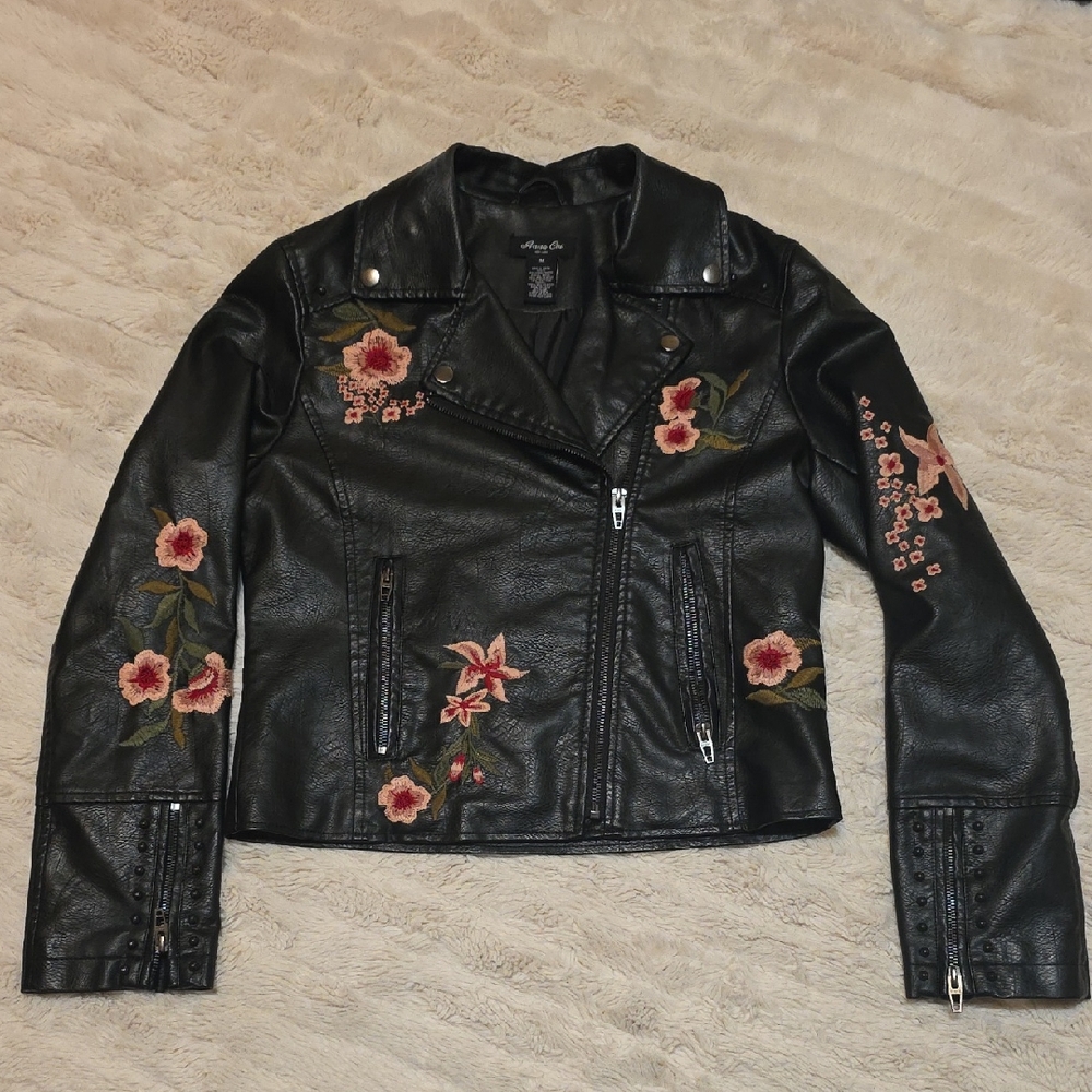 Elegant Black Pleather Jacket with Pink Floral Design